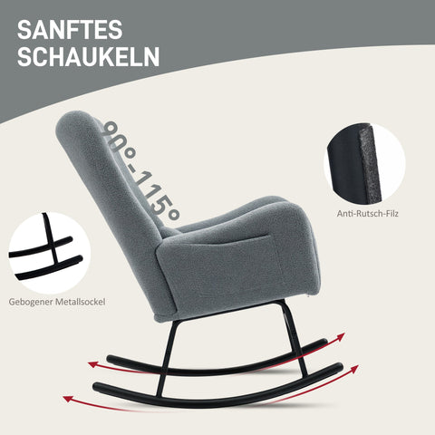 Rootz Rocking Chair - Fluffy Lounge Chair - Non-Slip Recliner - Luxurious Comfort - 67cm x 95cm x 100cm - Grey