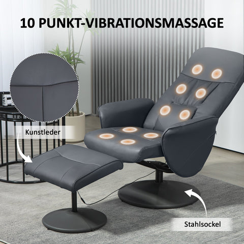 Rootz Massage Chair with Footstool - Ergonomic Recliner - Relaxation Chair - 10 Vibration Points - 76cm x 81cm x 105cm - Grey