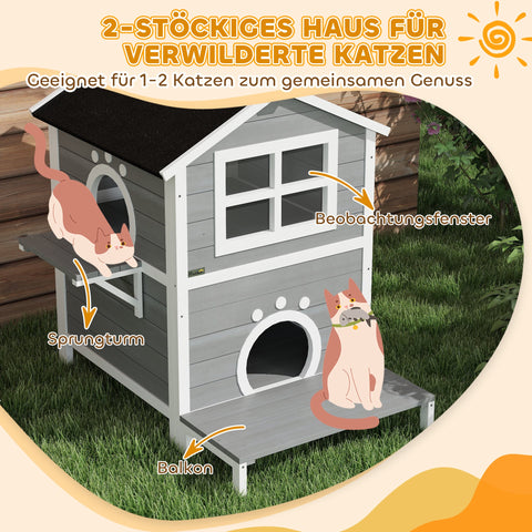 Rootz Outdoor Cat House - Weatherproof Shelter - Kitty Condo - 2 Levels - Removable Floor - 66cm x 66cm x 90cm - Grey White