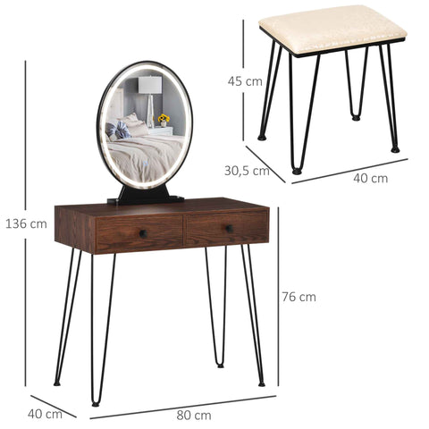 Rootz Modern Dressing Table Set - Vanity Desk - Makeup Station - LED Mirror - Adjustable Lighting - 80x40x136cm -Brown