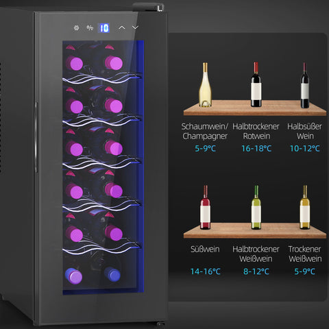 Rootz 12 Bottle Wine Fridge - Drinks Fridge - Beverage Cooler - Energy Efficient - 26.5 cm W x 51.5 cm D x 65 H cm - Touch Screen & LED Light