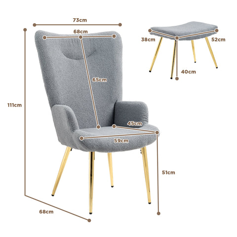 Rootz Lounge Relaxation Armchair Set - Foot Stools - Grey Bouclé Fabric - Great Comfort - 73x68x111cm Armchair, 52x38x40cm Stool