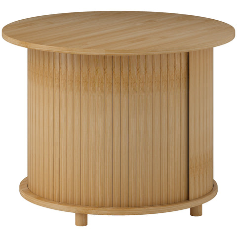 Rootz Round Side Table - Coffee Round Table - Bamboo Sofa Table - Hidden Storage, Sliding Door - Ø60 x 45cm, Holds 20 kg