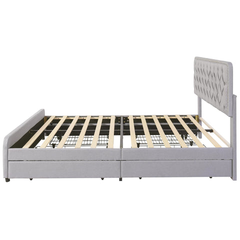 Rootz Upholstered Bed - Platform Bed - Storage Bed - Height-Adjustable Headboard - 211.5cm x 160cm x 108.5cm - Light Gray Linen Fabric