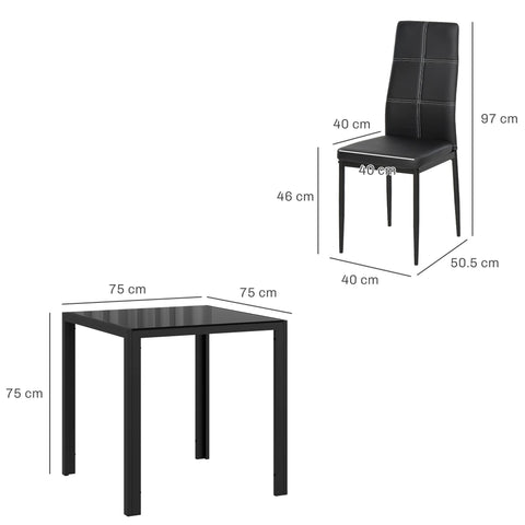 Rootz Dining Table Set with 2 Upholstered Black Chairs - Dining Room Seating - Space-Saving - Ergonomic Comfort - 75L x 50.5W x 75H cm