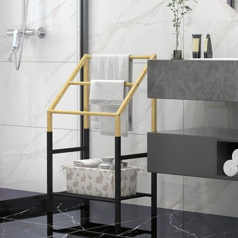 Rootz Bamboo Towel Holder - Freestanding Towel Stand - 3-Bar Design - Storage Shelf - Natural Wood - 51cm x 31cm x 85.5cm