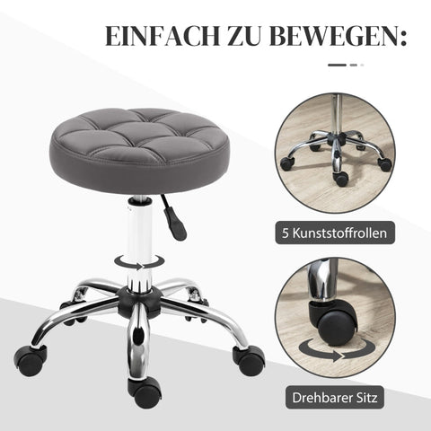 Rootz Swivel Salon Stool - Rolling Seat - Adjustable Height - Faux Leather - Comfortable Padding - 35.5cm x 63cm - Gray