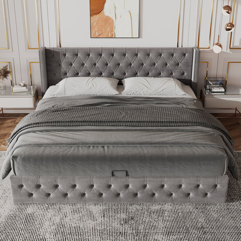 Rootz Upholstered Bed with Hydraulic Storage - Chesterfield Bed - Velvet Bed - Max Storage - 209cm x 149.5cm x 94.5cm - Gray