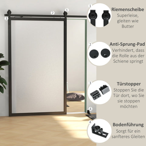 Rootz Sliding Door Hardware Kit - Barn Door System - Carbon Steel - Space Saving - Modern Style - 244cm x 0.5cm x 4cm