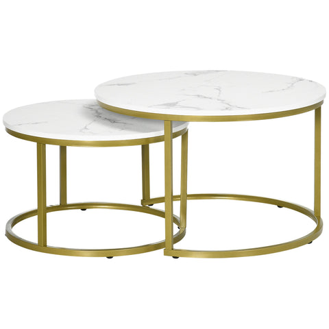 Rootz Marble Look Side Table Set - Coffee Tables - Nesting Tables - Space-Saving, Easy to Clean - Ø74 & Ø59 cm - White & Gold Finish