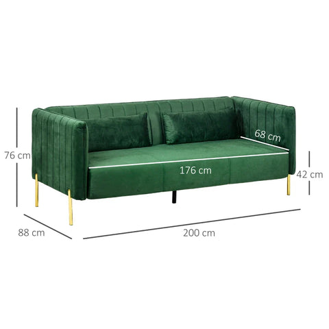 Rootz Sofa - 3 Seater Sofa - Couch with 2 Cushions - Velvet Look - Retro Design - Removable Cover - Imitation Velvet - Green - 195cm x 88cm x 76cm