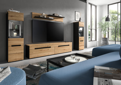 Rootz Living Room Combination Set - Display Cabinets - Lowboard Shelf - Integrated Lighting - Artisan Replica - 272x141x33 cm