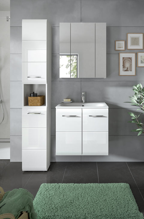 Rootz 4-Piece Bathroom Set - Vanity Unit - Tall Cabinet - High Gloss Finish - Space-Saving Design - 105x185x46 cm