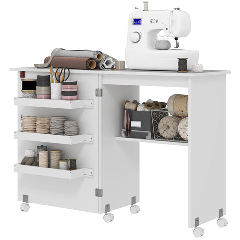Rootz Foldable Sewing Table - Craft Station - Space-Saving Side Cabinet - Ample Storage Compartments - 118cm x 40cm x 79.5cm
