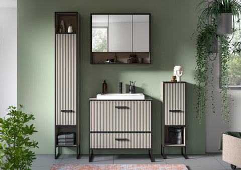 Rootz 4 Piece Bathroom Set - Tall & Mirrored Cabinets - Grey - Easy-Care & Trendy - 170x192x48 cm