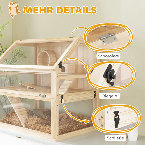 Rootz 3-Floor Wooden Hamster Cage - Rodent Nagarium - Pet Habitats - Easy-Clean - 80 x 50 x 76 cm Brown