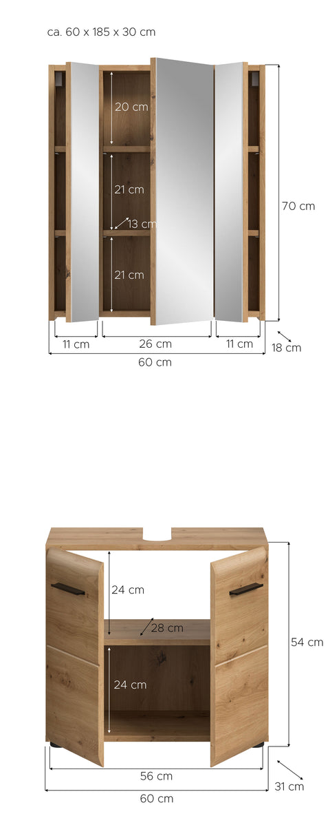 Rootz 2 Piece Set Bathroom Combo - Vanity & Mirror Cabinet - Brown Finish - Space Saver - 60x185x30 cm