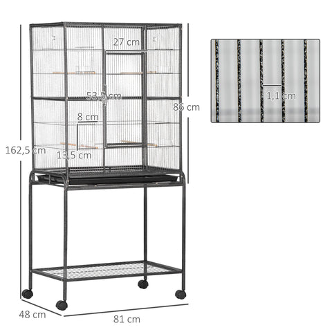 Rootz Bird Cage Portable Aviary - Mobile Bird Enclosure - Rolling Stand - Spacious Design - 77 x 47 x 163 cm Black and Grey