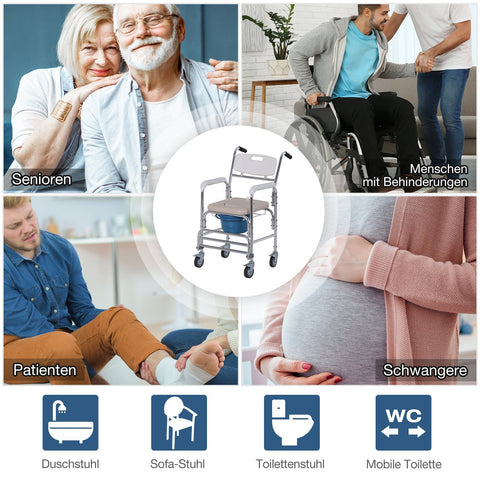 Rootz Commode Wheelchair - Commode Chair - Mobility Aid - Shower Chair - Aluminum Frame - 88 x 54 x 94 cm