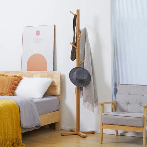 Rootz Kapstok - Hoedenstandaard - Kledingrek - 8 Haken - Bamboe - Naturel - 49,5 cm x 49,5 cm x 178 cm