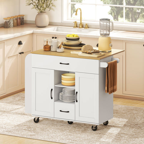 Rootz Rolling Kitchen Island - Mobile Cart - Fold-Out Work Surface - Storage Cabinet - Soft Close Doors - Spacious & Organized - White, 115x70x89 cm