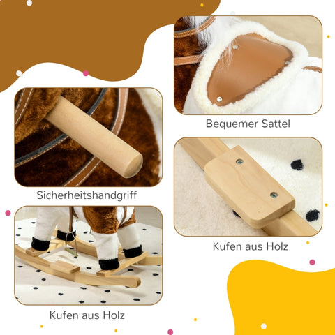 Rootz Rocking Horse - Saddle with Stirrups - Plush Ride-On Toy - Sound Effects - Music - Metal Frame - 68cm x 26cm x 62cm - Up to 30 kg - Brown