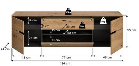 Rootz TV Lowboard - Media Console - Entertainment Stand - Ample Storage - 55x184x44 cm