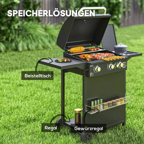 Rootz Gas Grill 9.5 kW - Outdoor BBQ - Griddle - 4 Burners, Side Cooker, Integrated Thermometer - 123 x 57 x 98 cm - Black