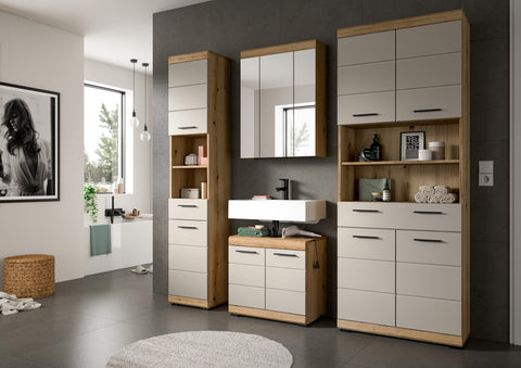 Rootz Bathroom Combo - Vanity Unit - Mirror Cabinet - Space-Saving - 60x191x34cm Evoak Oak & Cashmere Imitation