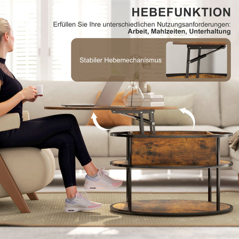 Rootz Round Coffee Table - Lifting Table Top - Storage Coffee Table - Space-Saving Design - Ø80cm x 47-61.5H cm - Brown