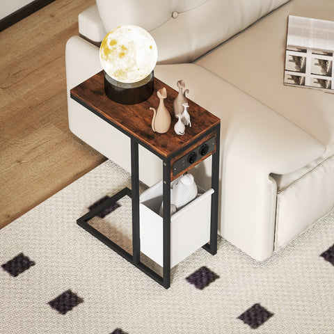 Rootz Side Table with Sockets - USB Connections - Industrial Bedside Stand - C-Shaped Design - 46cm x 25cm x 62.5cm
