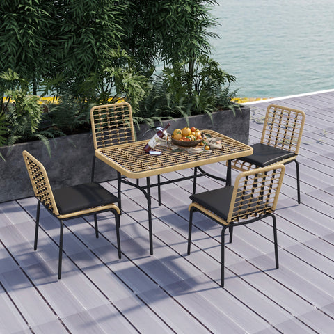 Rootz 5-Piece Rattan Garden Furniture Set - Patio Dining Set - Outdoor Table and Chairs - Cushioned Comfort - Table: 120x70x74cm, Chairs: 50x62x86cm