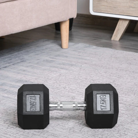Rootz Dumbbell - Anti-Slip Handle - Single Rubber Hex Dumbbell - Home Gym - Black + Silver - Ø16.2 x 34.6Lcm