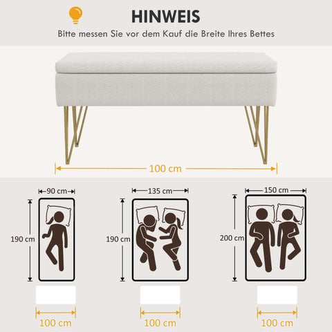 Rootz Bed Bench with Storage Space - Bedroom Bench - Ottoman - Cream Fabric - Gold Hairpin Legs - 100cm x 40cm x 49cm