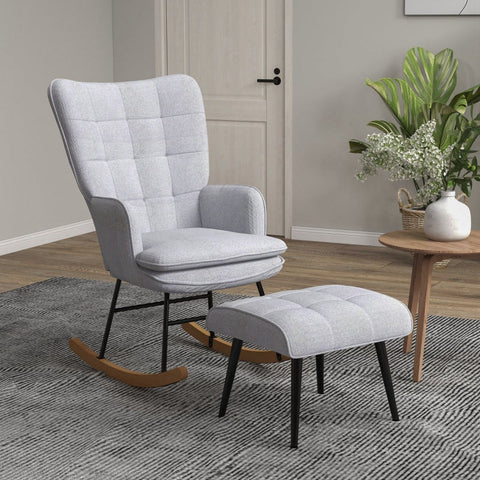 Rootz Rocking Chair with Ottoman - Scandi Design - Beech Wood - Comfortable Padding - Stylish - Durable - 64cm x 89cm x 90cm - Gray