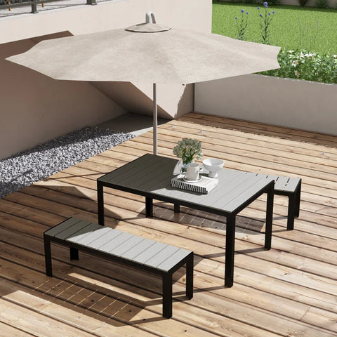 Rootz Garden Furniture Sets - 3 Piece - Patio Furniture Set - 2 Benches - 1 Table - Metal Frame - Wood Look - Steel - Gray - 150L x 90W x 75H cm
