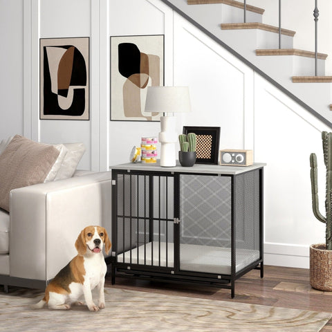 Rootz Dog Crate - Pet Kennel - Puppy Enclosure - Comfortable Mat - Lockable Door - Steel Grille - Easy to Clean Tray - Gray+Black - 80cm x 55cm x 71cm