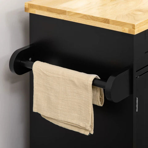 Rootz Kitchen Trolley - Kitchen Island - Serving Trolley - 1 Spice Rack - 1 Towel Holder - Rubber Wood - Black - 109L x 40W x 89H cm