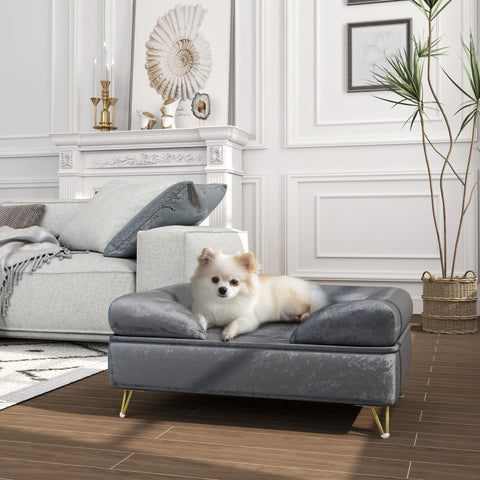Rootz Pet Sofa Lounger - Dog Bed - Padded Cushion - Velvet Cover - Removable Washable - Wooden Frame - 76cm x 53.5cm x 34cm