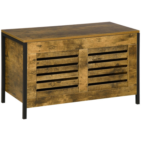 Rootz Industrial Design Wooden Chest Sideboard - Storage Cabinet - Hallway Bench - Rustic Wood Grain - Steel Frame - Slatted Doors - 80cm x 40cm x 49cm
