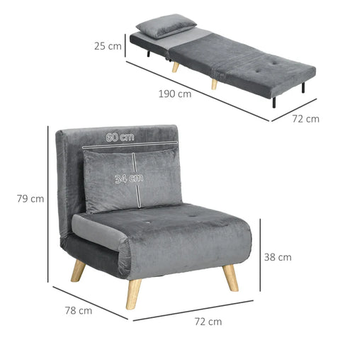Rootz 2-in-1 Fauteuil - Ontspanningsstoel - Slaapstoel - Slaapbank - Logeerbed - Rubberhout - Grijs - 72 cm x 78 cm x 79 cm