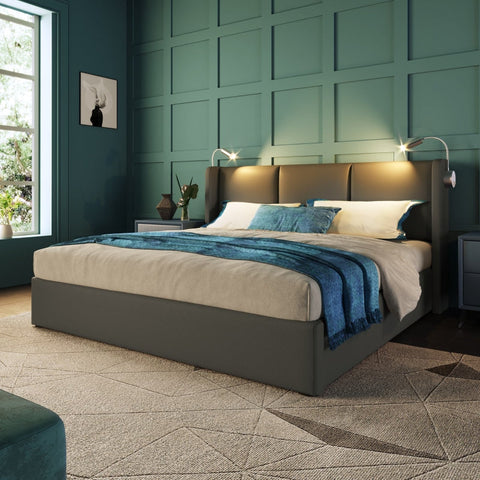 Rootz Double Bed with Storage - Upholstered Bed - Platform Bed - USB Reading Light - 206L x 145W x 107H cm - Solid Wood & Metal Frame