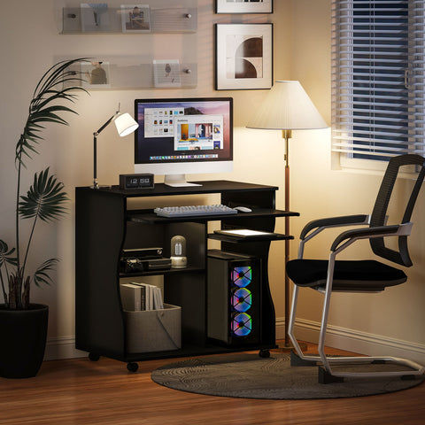 Rootz Rollable Computer Table - Desk with Storage - Mobile Workstation - Ample Storage Space - 80 x 48 x 75 cm, Black