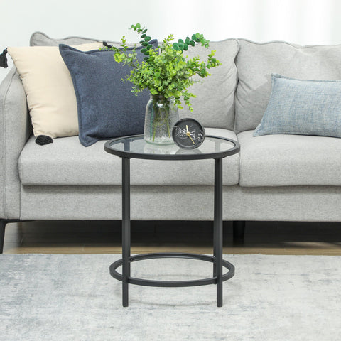 Rootz Round Side Table - Small Coffee Table - Glass Top - Sturdy Frame - Floor Protection - 48cm x 48cm x 54.7cm