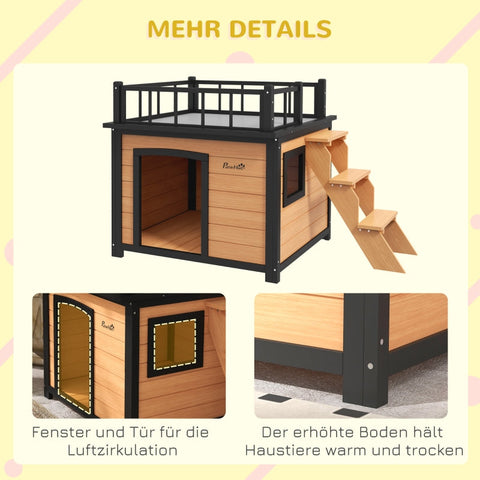 Rootz Wooden Dog House - Roof Terrace Dog Kennel - Fir Wood Pet Shelter - Waterproof Paint - Yellow - 121cm x 77cm x 78cm