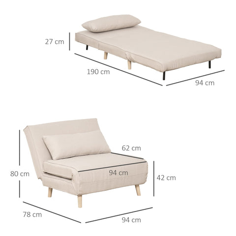 Rootz Single Sofa Bed - Convertible Sofa - Sleeper Chair - Versatile - Comfortable - Stylish - 94W x 78D x 80H cm (Sofa) - 94W x 190D x 27H cm (Bed) - Imitation Linen - Rubber Wood