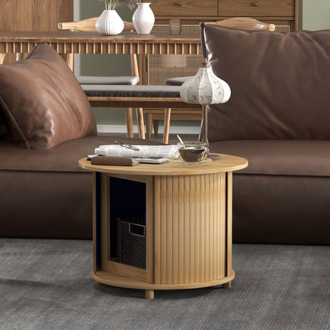 Rootz Round Side Table - Coffee Round Table - Bamboo Sofa Table - Hidden Storage, Sliding Door - Ø60 x 45cm, Holds 20 kg