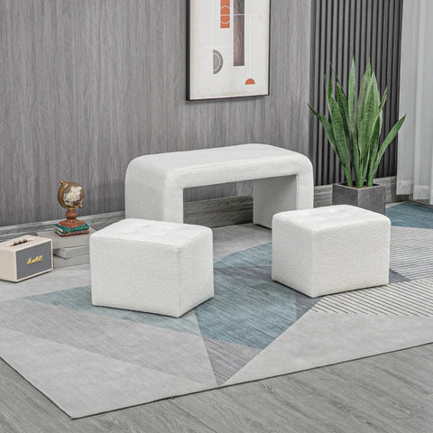 Rootz Footstool - Set 3-piece - Button Stitching - Loop Yarn - Eucalyptus Wood - Cream - 89 cm x 42.5 cm x 45 cm