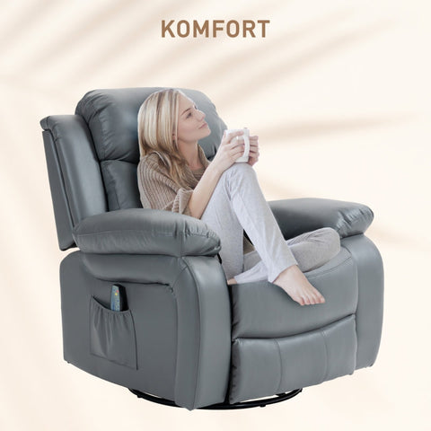 Rootz Massage Chair - Rocking Recliner - Rotatable Chair - 360 Degree Rotation - 8 Vibration Points - Wired Remote - 87cm x 97cm x 104cm - Faux Leather - Gray