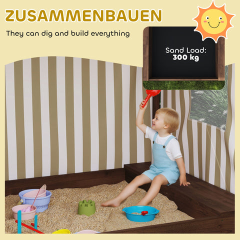 Rootz Sandpit with Canopy - Kids Play Sandbox - Childrens Play Sandpit - Benches & Storage - Protects from Sun & Mosquitoes - Brown - 142cm x 101.5cm x 131cm